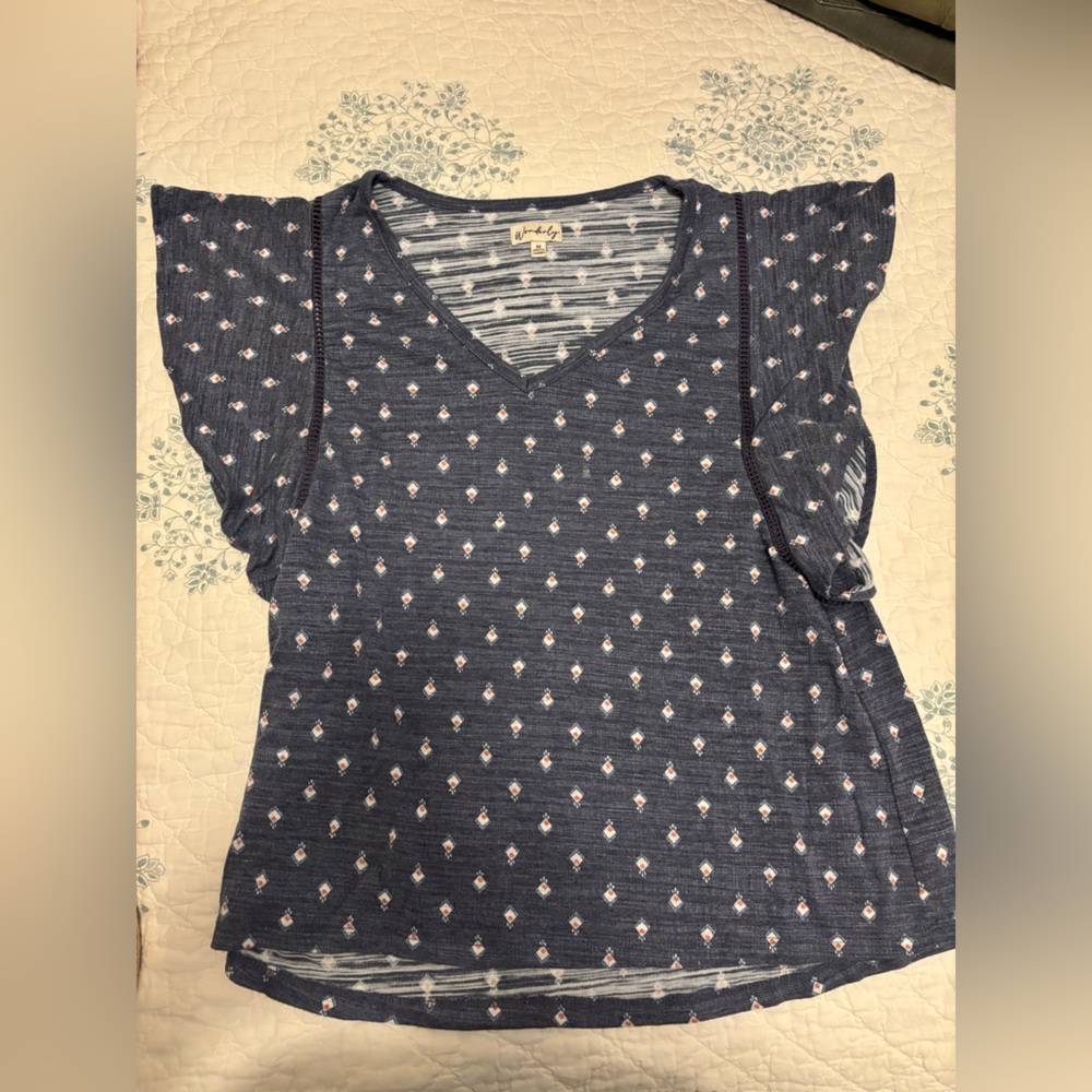 Wonderly Blue Flutter Sleeve Ruffled Blouse